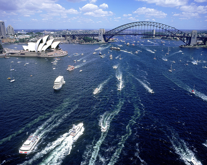 aerial view of boats on harbour for australia day 1999, sydney, nsw